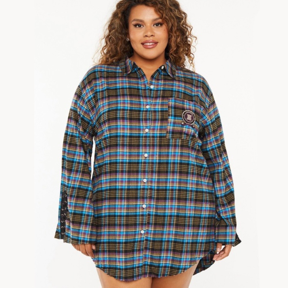 Savage × Fenty Tied Up Tartan PJ Raw Hem Button Down Sleep Shirt